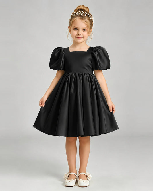Black Satin A-line Flower Girl Dress Front View