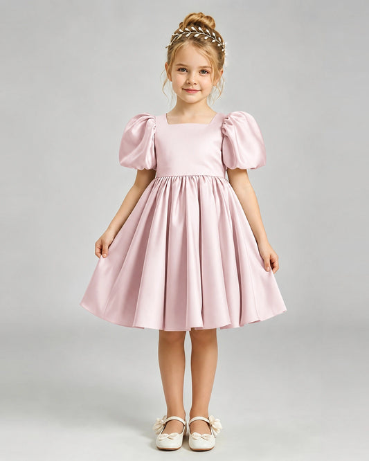 Blush Pink Satin A-line Flower Girl Dress Front View