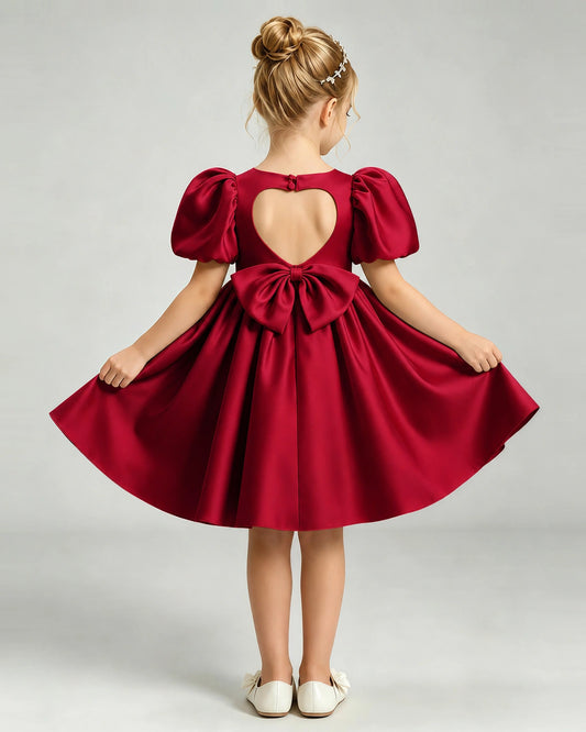 Burgundy Satin A-line Flower Girl Dress Back View