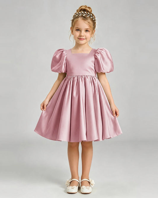 Dusty Rose Satin A-line Flower Girl Dress Front View