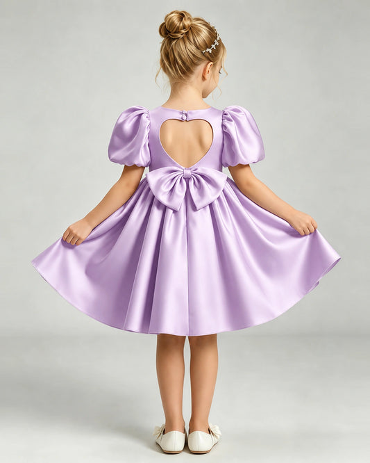 Lilac Satin A-line Flower Girl Dress Back View