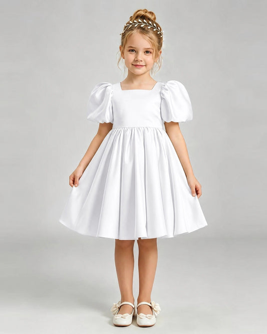 White Satin A-line Flower Girl Dress Front View