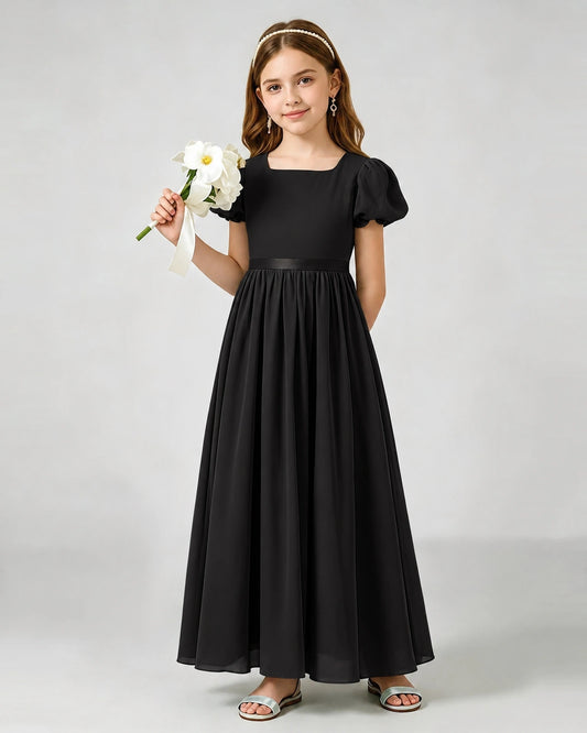 Black Chiffon A-line Junior Bridesmaid Dress Front View