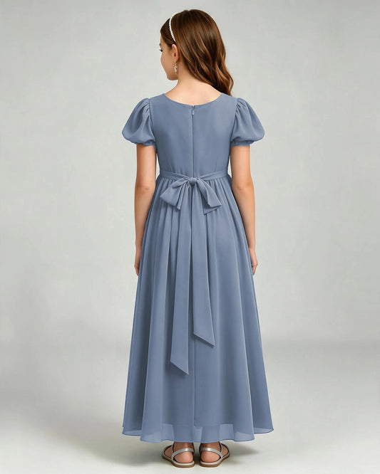 Dusty Blue Chiffon A-line Junior Bridesmaid Dress Back View