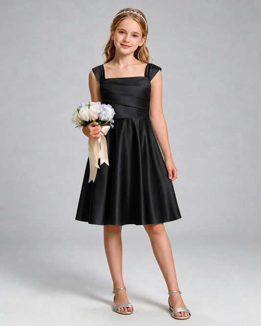Black Satin A-line Girls Formal Dress Front View