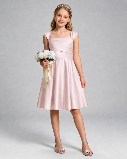 Blush Pink Satin A-line Girls Formal Dress Front View
