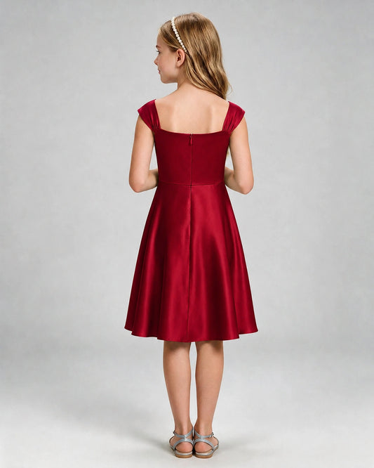 Burgundy Satin A-line Girls Formal Dress Back View