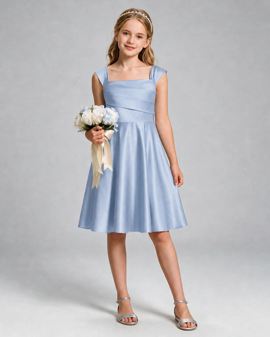 Dusty Blue Satin A-line Girls Formal Dress Front View