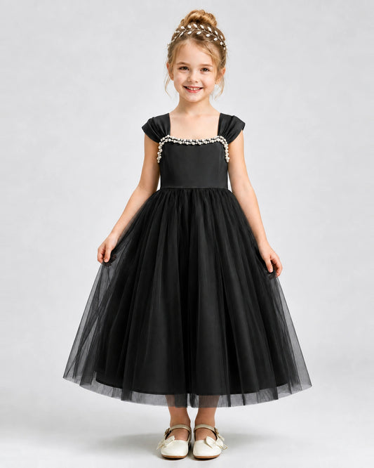 Black Tulle A-line Girls Formal Dress Front View