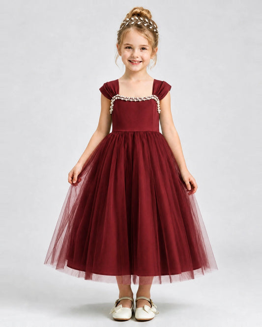 Burgundy Tulle A-line Girls Formal Dress Front View