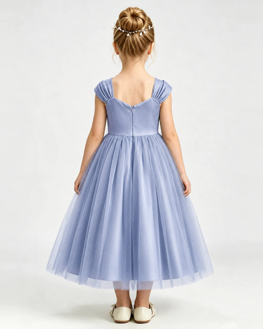 Dusty Blue Tulle A-line Girls Formal Dress Back View