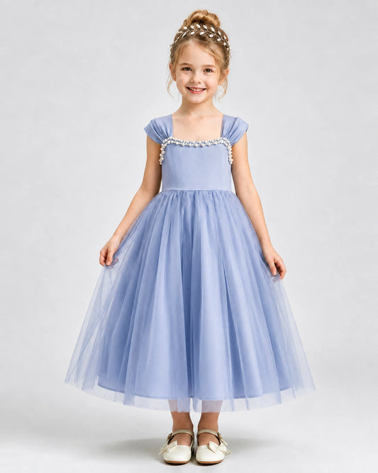 Dusty Blue Tulle A-line Girls Formal Dress Front View