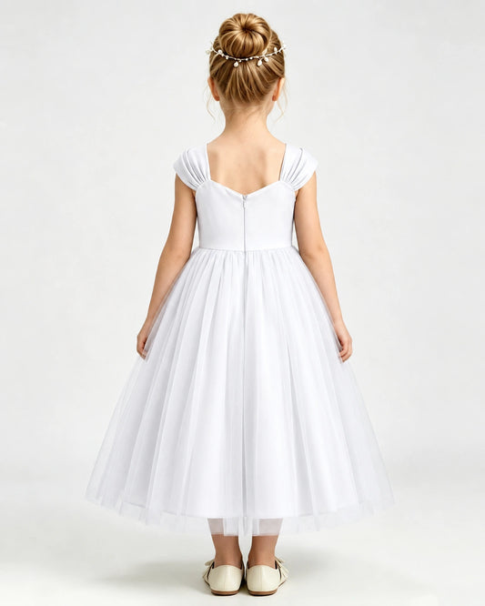 White Tulle A-line Girls Formal Dress Back View