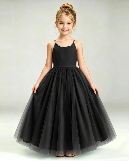 Black Tulle A-line Girls Formal Dress Front View