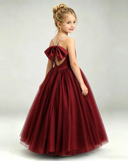 Burgundy Tulle A-line Girls Formal Dress Back View