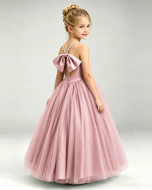 Dusty Rose Tulle A-line Girls Formal Dress Back View