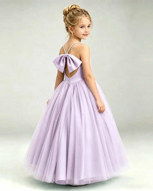 Lilac Tulle A-line Girls Formal Dress Back View