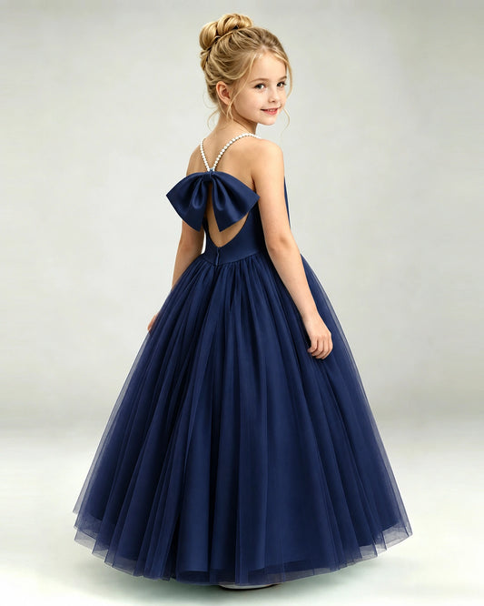 Navy Blue Tulle A-line Girls Formal Dress Back View