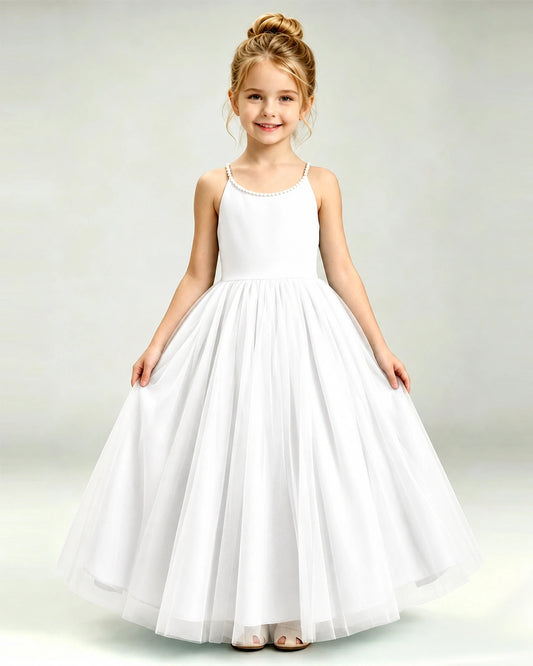 White Tulle A-line Girls Formal Dress Front View