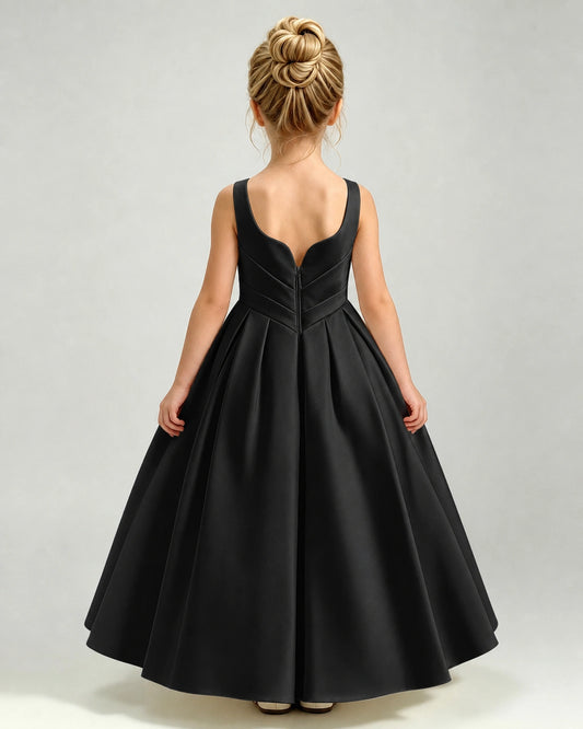 Black Satin A-line Girls Formal Dress Back View