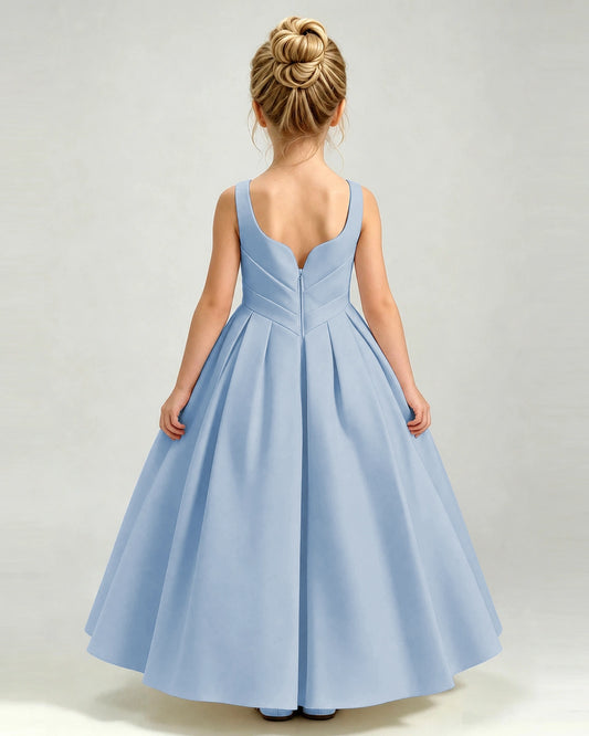 Dusty Blue Satin A-line Girls Formal Dress Back View