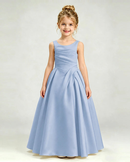 Dusty Blue Satin A-line Girls Formal Dress Front View
