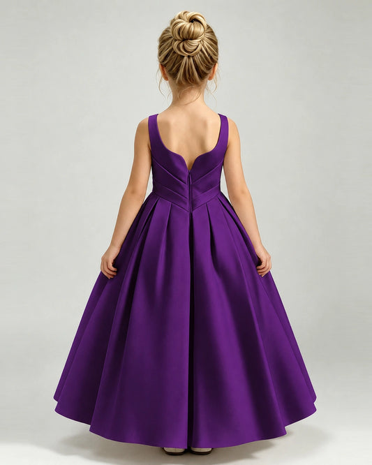 Purple Satin A-line Girls Formal Dress Back View