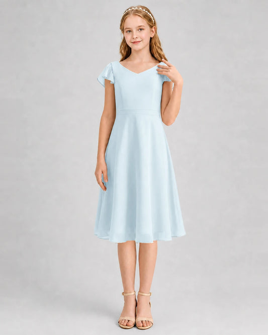 Dideyttawl V-Neck Flutter Sleeve Chiffon Junior Bridesmaid Dress