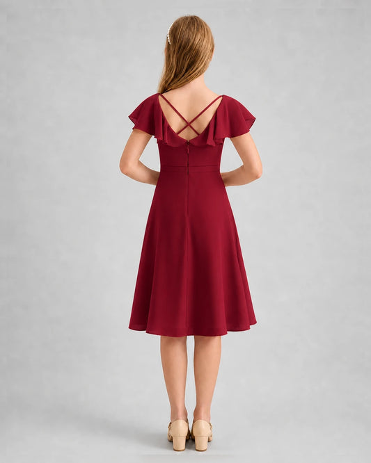 Burgundy Chiffon Ruffle Sleeve Junior Bridesmaid Dresses Back View