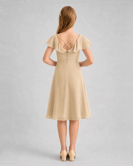 Champagne Chiffon Ruffle Sleeve A-Line Junior Bridesmaid Dresses Back View