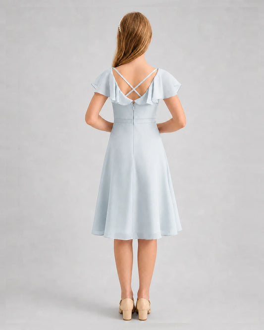 Mist Chiffon Flutter Sleeve Junior Bridesmaid Dresses Back View
