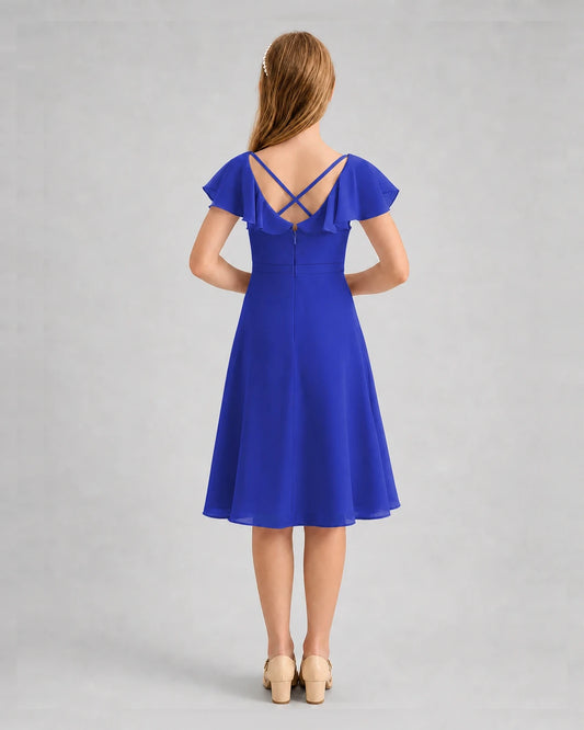 Royal Blue Chiffon Ruffle Sleeve A-Line Junior Bridesmaid Dresses Back View