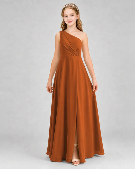Burnt Orange Chiffon One-Shoulder Junior Bridesmaid Dresses Front View