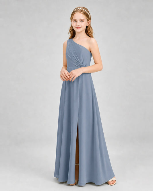 Dusty Blue Chiffon One-Shoulder Junior Bridesmaid Dresses Side View