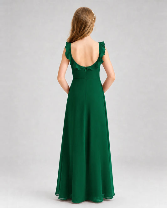 Dark Green Chiffon Ruffle-Trim A-Line Junior Bridesmaid Dresses Back View