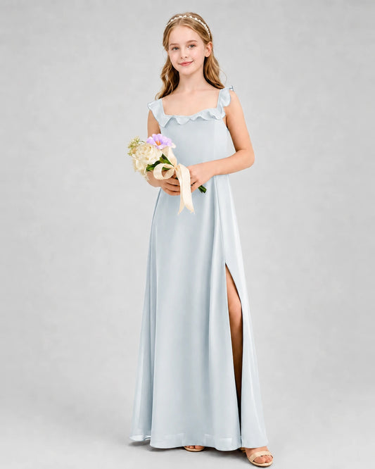 Mist Chiffon Ruffle Square Neck Split Junior Bridesmaid Dresses