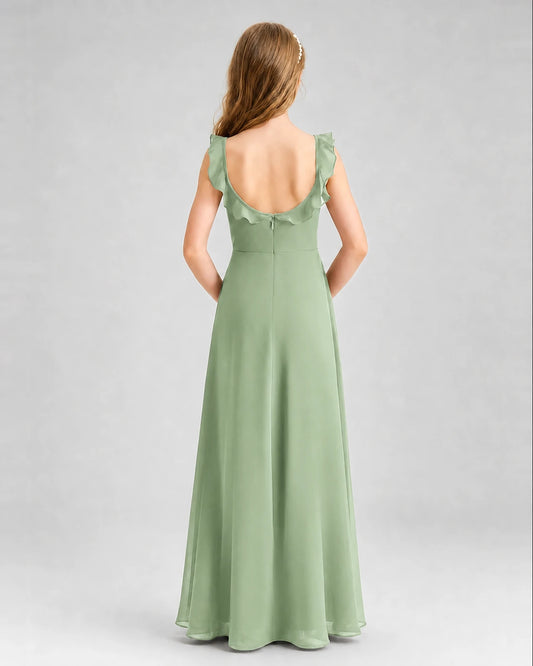 Sage Green Chiffon Ruffled A-Line Junior Bridesmaid Dresses Back View