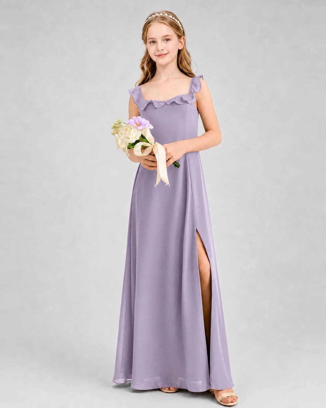 Wisteria Chiffon Ruffled Square Neck Junior Bridesmaid Dresses