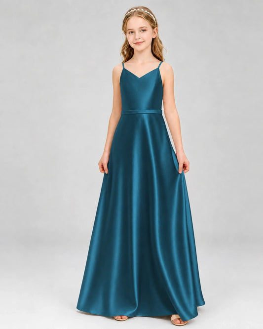 Teal Satin A-Line Junior Bridesmaid Dresses Front View