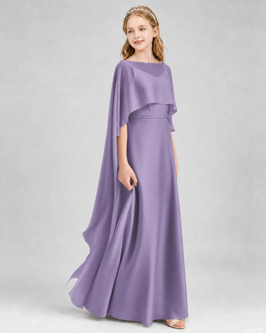 Dideyttawl Satin Junior Bridesmaid Dress with Detachable Chiffon Cape