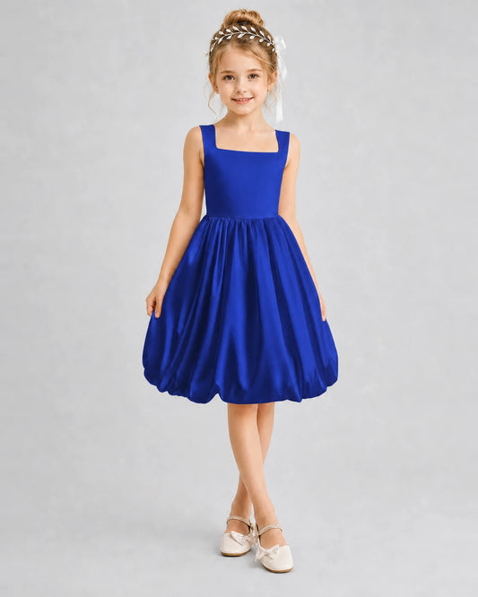 Royal Blue Satin Bubble Hem Girls Formal Dresses Front View