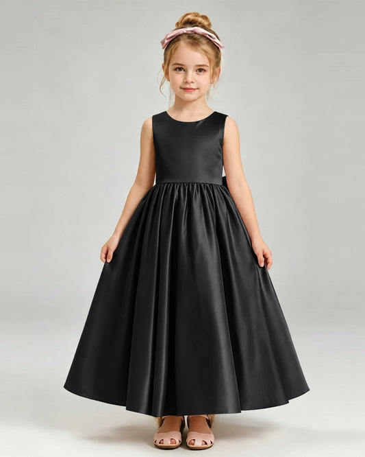 Black Satin A-line Flower Girl Dress Front View