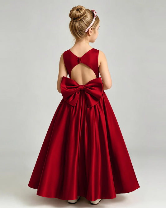 Burgundy Satin A-line Flower Girl Dress Back View