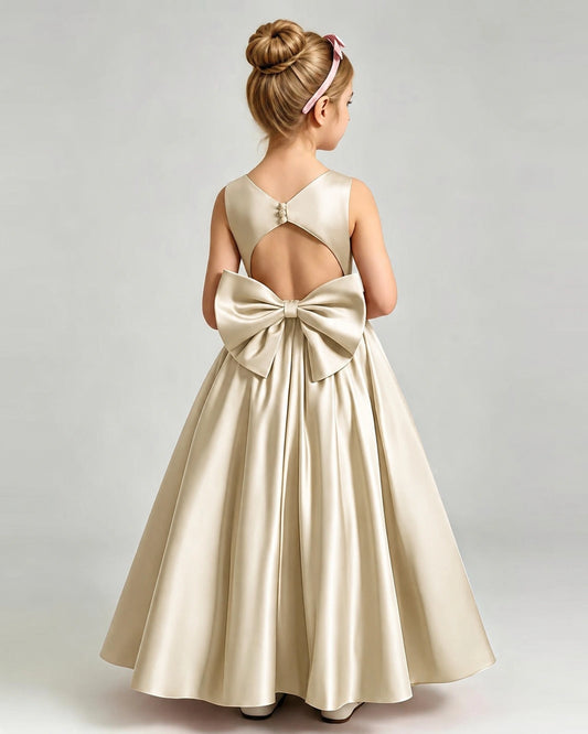 Champagne Satin A-line Flower Girl Dress Back View