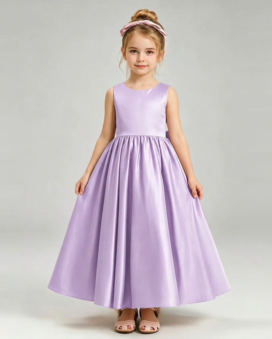 Lilac Satin A-line Flower Girl Dress Front View