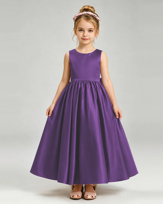 Purple Satin A-line Flower Girl Dress Front View