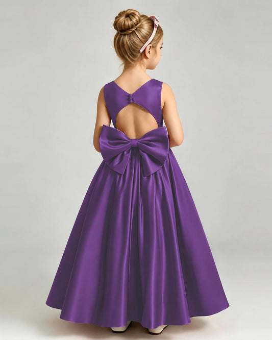Purple Satin A-line Flower Girl Dress Back View