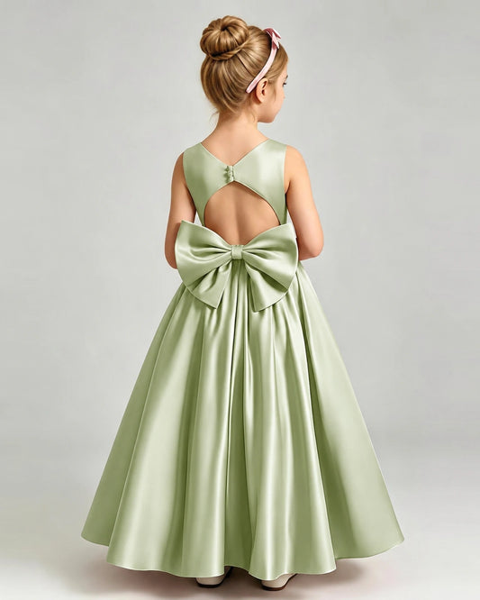 Sage Green Satin A-line Flower Girl Dress Back View
