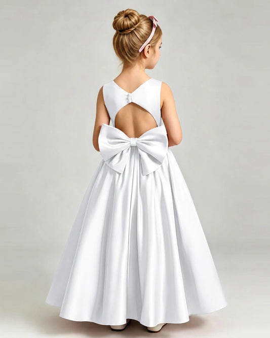 White Satin A-line Flower Girl Dress Back View
