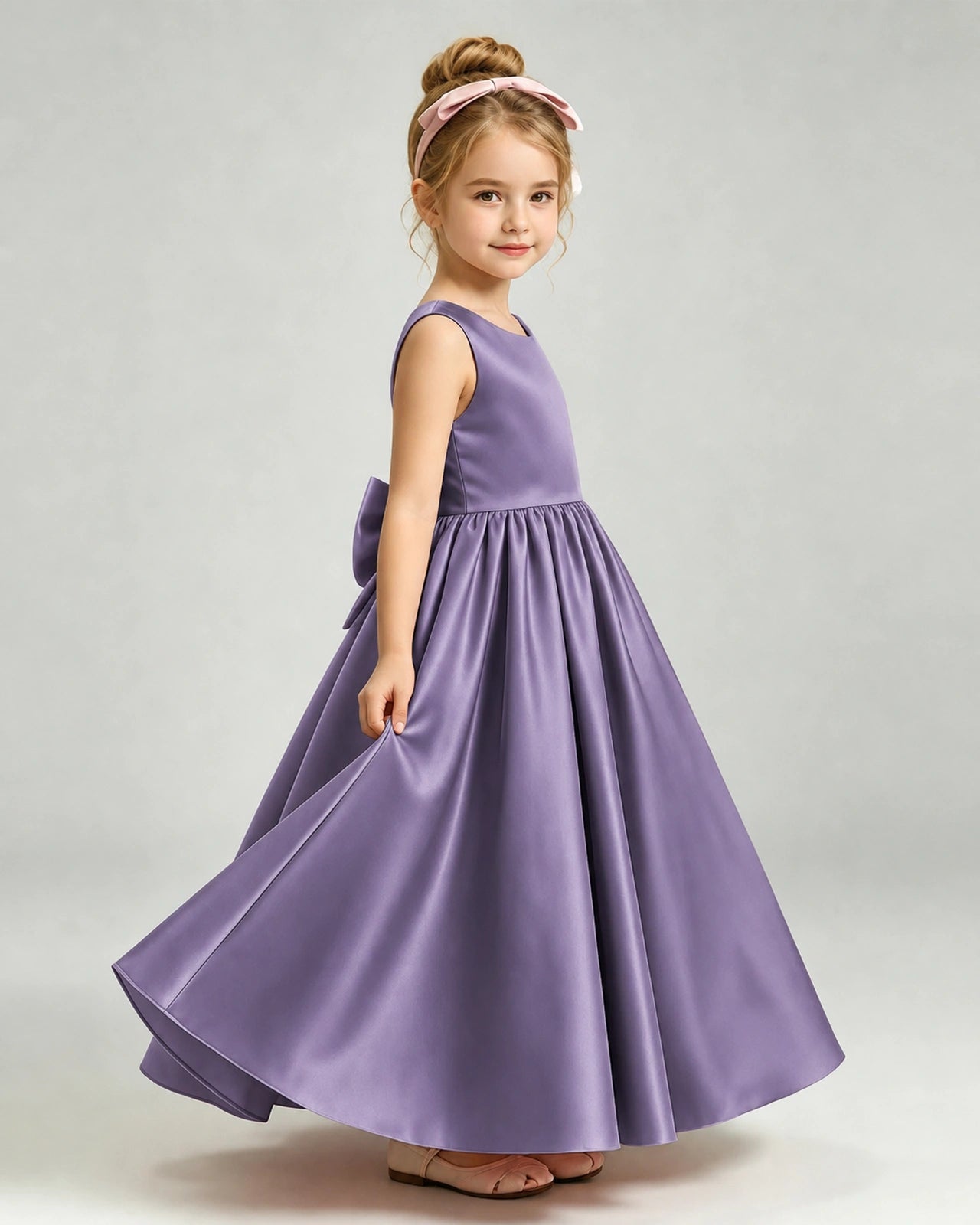 Wisteria Flower Girl Dress Cutout Back Oversized Satin Bow A-Line Floor-Length Gown Side Full View